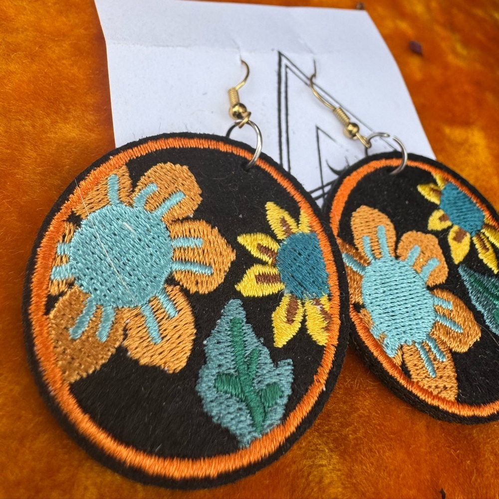 Embroidered Floral Drop Earrings - Black, Orange & Teal